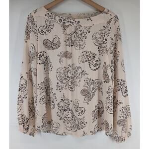LOFT Women’s Paisley Print Long Sleeve Blouse Cream Boho Top Size Small